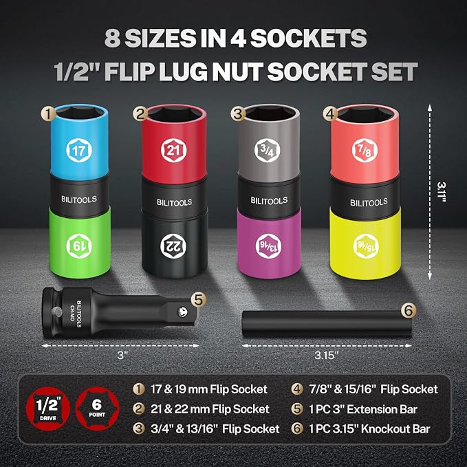 BILITOOLS Lug Nut Socket Set, 1/2" Thin Wall Impact Flip Sockets | Metric 17-22mm and SAE 3/4"-15/16" Sizes, Non-Marring Sleeves, Extension Bar and Knockout Rod for Stuck Lug Nuts