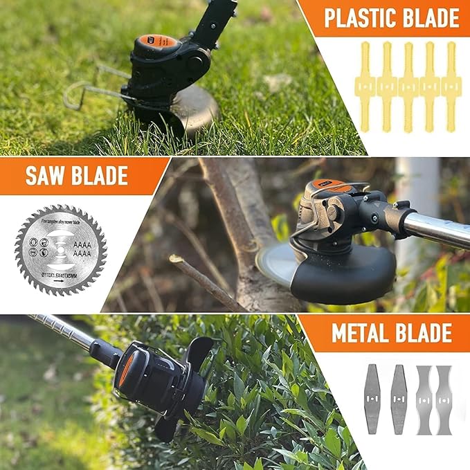 Electric Weed Wacker Cordless, 21V Lightweight Stringless Weed Wacker, Weed Trimmer, 3-in-1 Grass Trimmer/Brush Cutter/Edger, with Wheels,2pcs Batteries&4 Types Blades for Thick Weeds&Yard Garden