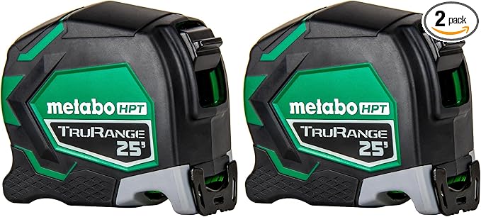 Metabo HPT 25 Ft Tape Measure, 17-Ft Reach & 14-Ft Standout, Wire Belt Clip and Lanyard Attachment, 1/8-Inch Incremental Fractions, Manual Blade Stop, TruRangeTM, 115925M (Pack of 2)