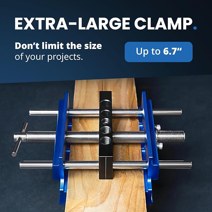 ELEON Self Centering Dowel Jig with Elongated Jaws & Extra Wide Clamp up to 6.7" - Precision Woodworking Made Effortless - Lasting Craftsmanship - Aluminum Alloy Drill with Guide & 6pcs Drill Bushings