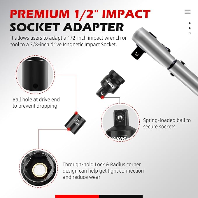 3/8 Inch Drive Magnetic Impact Socket Set, 14-Piece Metric, 7mm-19mm, 6 Point, Cr-Mo, Square Drive, Magnetic Socket with Adapter and Magnetic Rail