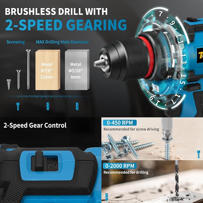 20V Brushless Cordless Drill Driver, 2×2.0Ah Batteries Fast Charger, 119PCS Power Drill Set for Home Renovation Gardening DIY Household Repair