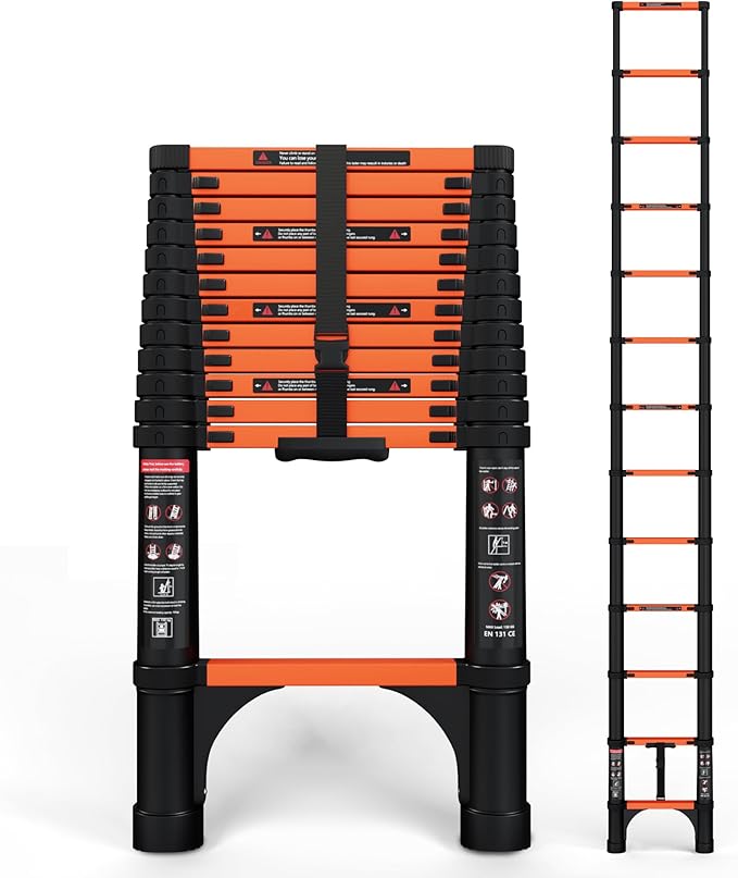 SINMEIRUN Telescoping Ladder, 12.5 FT, Aluminum Extension Ladder, 330 lbs Capacity, Collapsible Multi-Purpose Ladder for Home, Roof and RV; Orange