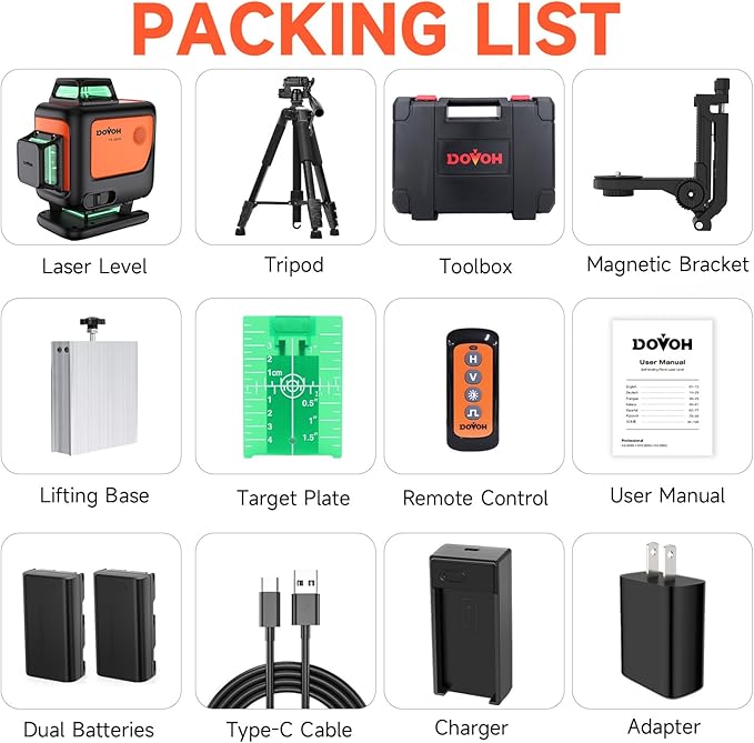 DOVOH 4D Laser Level with Tripod : Dual Batteries Laser Level 360 Self Leveling Green Hard Toolbox for Construction Floor Tiling Ceiling, Class Ⅱ, Y4-360G-KIT