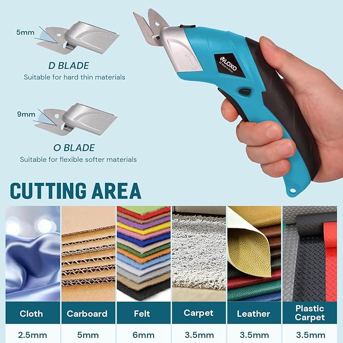 VLOXO Cordless Electric Scissors Super Scissors with 2 Type Blades Rechargeable Cardboard Cutter Powerful Cutting Tool for Fabric Cardboard Carpet Leather Felt Blue CS4001