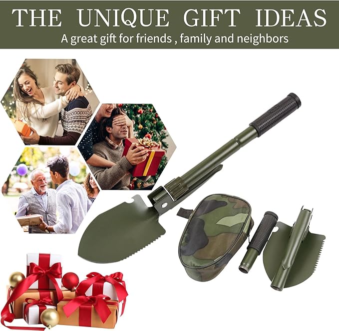 Military Small Folding Camping Shovel, Mini Compact Pickaxe with Carrying Pouch for Gardening, Off Road, Hunting, Car Emergency, Remove Ice (Military Green)