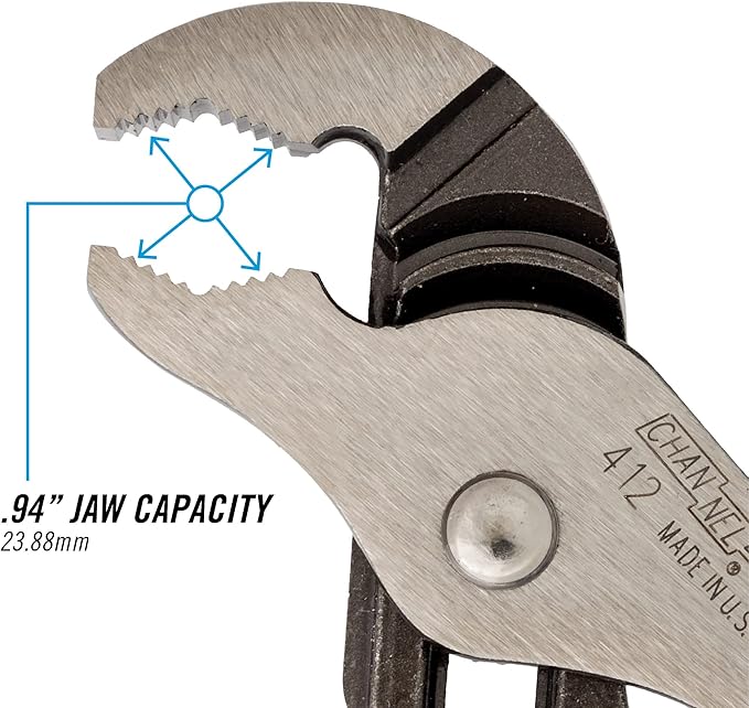 CHANNELLOCK 412 6.5-inch V-Jaw Tongue & Groove Pliers, Made in USA, 0.94-inch Jaw Capacity, Forged High Carbon Steel, More Points of Contact on Round Stock