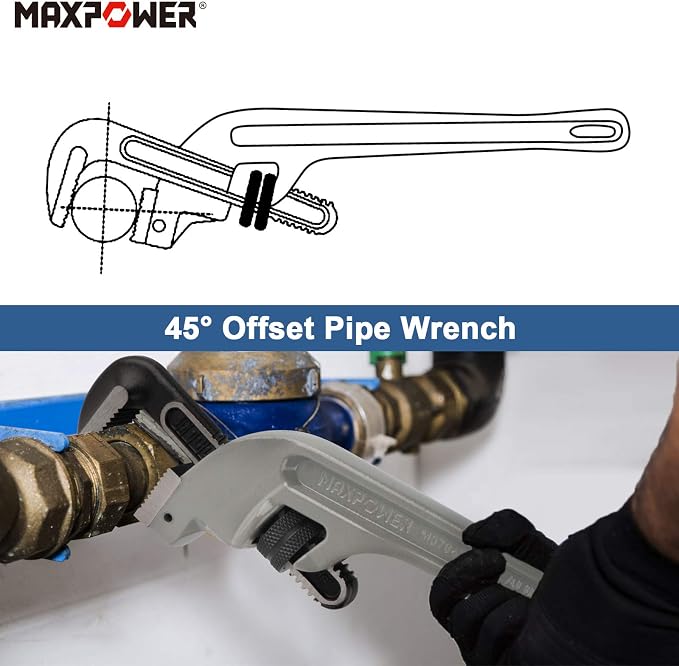 MAXPOWER 18-inch Pipe Wrench, 45 Degree Angled Cr-Mo Jaw, 2.36” Opening | Aluminum Plumbing Wrench, Heavy Duty Offset Pipe Wrench for Tight Spots