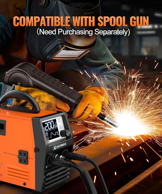 HITBOX 140A MIG Welder 110V/220V, Flux Core Welder/Stick ARC/Lift Tig/Spool Gun 4 in 1 Gasless Mig Welding Machine with LCD Display Synergy Dual Voltage IGBT Inverter Welder (HIM200)
