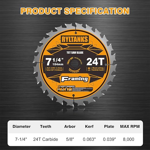 7-1/4 Inch Circular Saw Blade, 24T for Framing with 5/8" Arbor, Fast Wood Cutting, 10-Pack