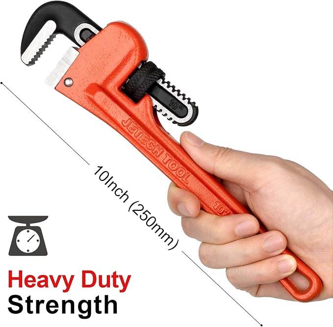 Jetech 10-inch Heavy Duty Straight Pipe Wrench, Adjustable Aluminum Plumber with Floating Hook Jaw and I-Beam Handle, Red