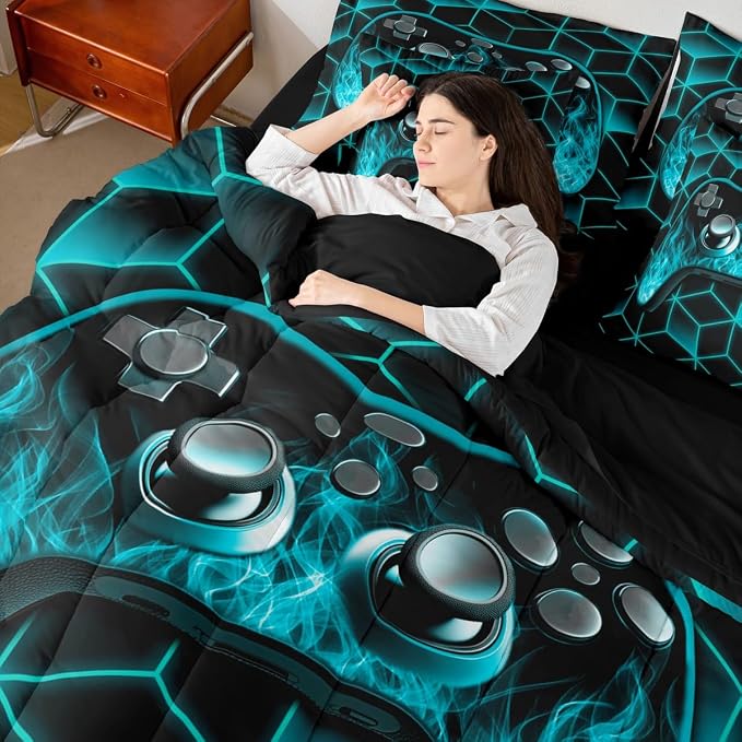 Gaming Consoles Bed in a Bag Queen Comforter Set 7 Piece,Neon Geometric Video Game Gaming Bedding Set,3D Geometric Gamer Sheet Set Teal Flame Bed Set,Gamer Room Decor for Boys Bedroom