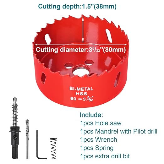 3-5/32Inch / 80mm Hole Saw for Wood, Plastic Board, Ceiling,Drywall, and Metal Sheet - HSS Bi-Metal Hole Cutter with Pilot Drill Bit