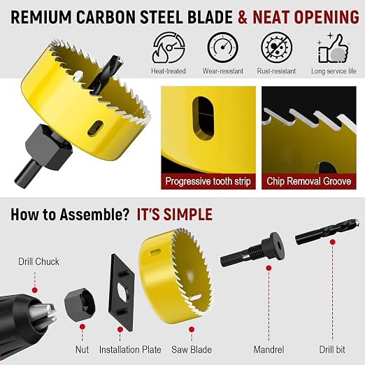 12-Piece Hole Saw Kit, Includes 8 Sizes (3/4" to 2-1/2"), Arbors, Drill Bits, and Hex Key, Ideal for Softwood, Plywood, and PVC（Yellow）