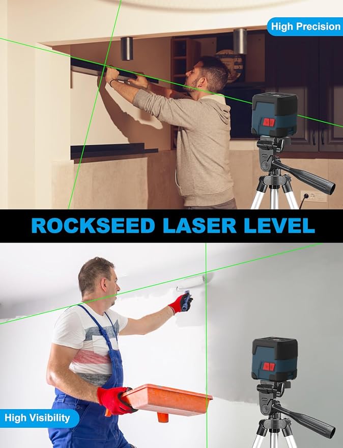 Laser Level, RockSeed Cross Line Laser with Self-Leveling, Vertical and Horizontal Line, Rotatable 360 Degree, Carrying Pouch, Battery Included (Green Laser, 2-Line with 27in Tripod)