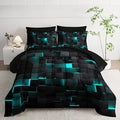 Nttopship Geometric Turquoise Black Full Comforter Set,Light Honeycomb Bedding Set 7 Piece in A Bag,Bed Sheet Set Geometry Decor,Microfiber Lightweight All Season
