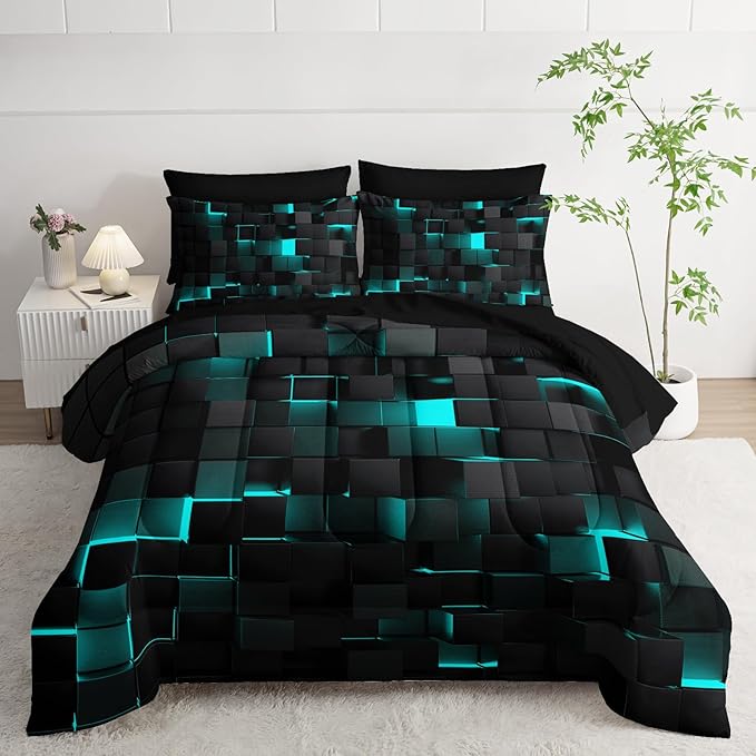 Nttopship Geometric Turquoise Black Full Comforter Set,Light Honeycomb Bedding Set 7 Piece in A Bag,Bed Sheet Set Geometry Decor,Microfiber Lightweight All Season