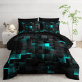 Nttopship Geometric Turquoise Black Queen Comforter Set,Light Honeycomb Bedding Set 7 Piece in A Bag,Bed Sheet Set Geometry Decor,Microfiber Lightweight All Season