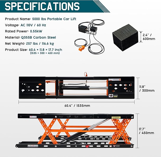 Albott 5000 LBS Portable Car Lift, Q355B Steel Quick Jack for Home Garage, 20.1" Max Height with Height Extension Blocks, Foldable Design & Wheels, Black & Orange