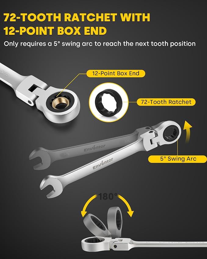 Enventor 14 Pieces Ratcheting Wrench Set, Metric 6-19mm, 180° Flex Head, CR-V Steel, 72-Teeth, 12-Point Combination Ratchet Wrenches Set with Rolling Pouch | 72-tooth Ratchet, 5° Swing Arc, 12-point Box Ends, CR-V Steel, Slim Profile, Roll-up pouch