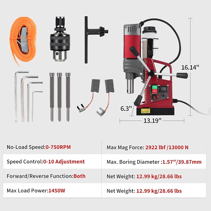 1.57 Inch Magnetic Drill Press, 210mm Max Stroke, 13000N Magnetic Force, 1550W 820 RPM Portable Electric Mag Drill Machine for Metal Drilling, Industrial Grade with Drill Chucks & Annular Cutters Kit