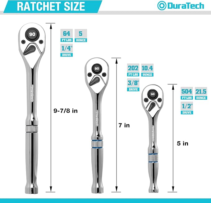 DURATECH 3-Piece Drive Ratchet, 90-Tooth Quick-Release Ratchet Wrench | 1/4", 3/8", 1/2" Socket Wrench for Men Women, Reversible, Cr-V Made, 4° Swing, Full Polished-with Plastic Insert Storage Box