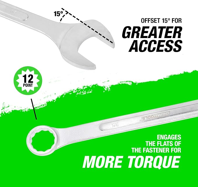 OEMTOOLS 8-PC 12 Pt. Metric Jumbo Combination Wrench Set 33mm-50mm | Box End Metric Wrench Set, 15° Offset Wrenches, Chrome Plated Finish, Includes Canvas Wrench Roll, Drop-Forged Alloy Steel
