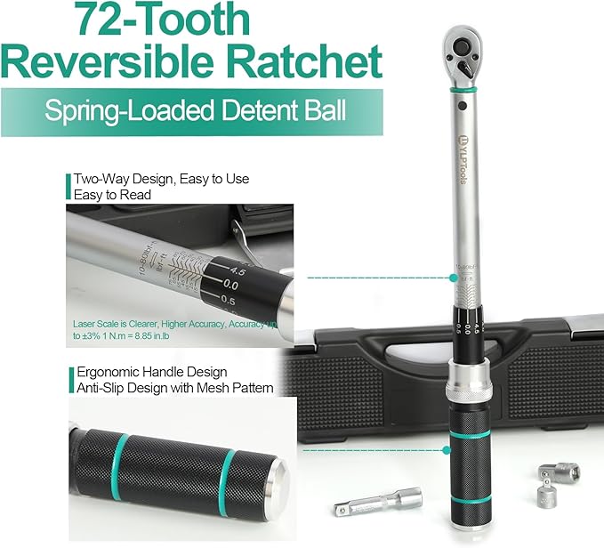 4-Piece Torque Wrench Set – 3/8" Drive Click Torque Wrench (10–80 ft-lb), 1/4" & 1/2" Drive Adapters, 3-Inch Extension Bar, ±3% Accuracy, Chrome Vanadium Steel, Includes Storage Case
