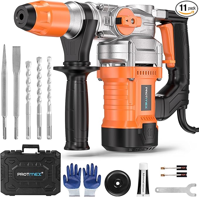 1-1/4 Inch SDS-Plus 13 Amp Heavy Duty Rotary Hammer Drill with Safety Clutch 3 Functions, Vibration Control, for Floor Tile Removal, Concrete Breaker, Including Grease, Chisels & Drill Bits