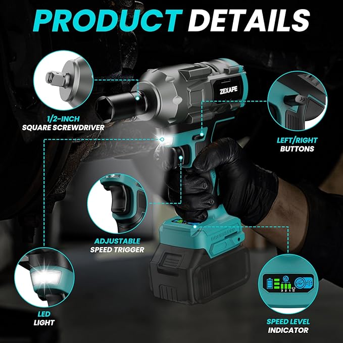Cordless Impact Wrench 1/2 inch Compatible With Makita 18V Battery, Impact Wrench 1360N.m(950Ft-lbs) High Torque Brushless Electric Impact Gun, with 3-Mode Speed, LED Work Light(Tool Only)
