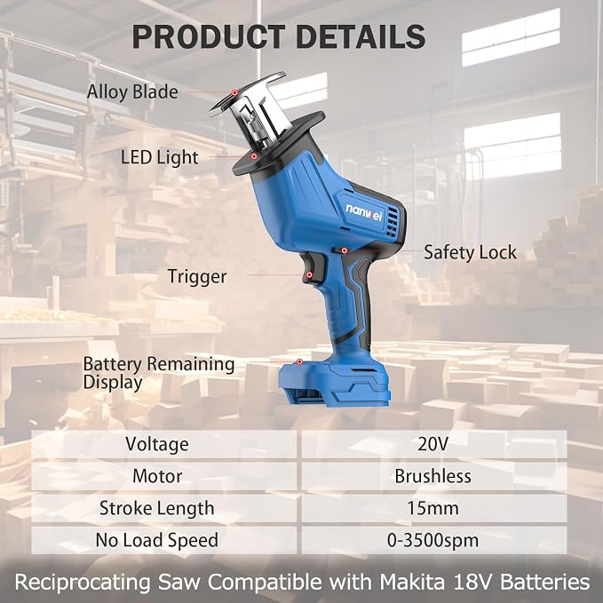 NANWEI Cordless Reciprocating Saw, 20V Brushless Motor 3500RPM Variable Speed, 2×4.0Ah Batteries, Tool-Free Blade Change, LED Light, 6 Blades, Portable for Wood/Metal/PVC Cutting (4.0Ah Batteries)