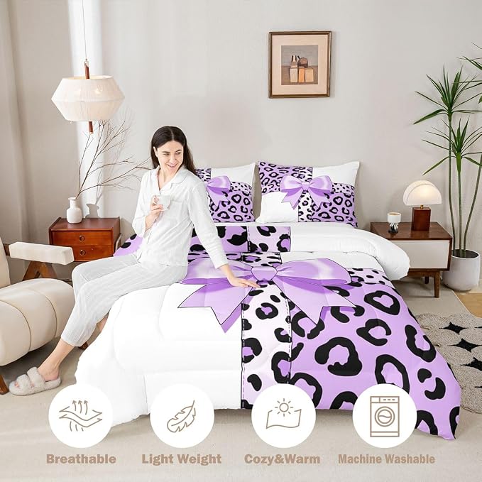 Feelyou Leopard Print Bedding Set Soft for Boys Girls, Purple Cheetah Bow Comforter Set King Size Animal Fur Duvet Quilt Microfiber Bedroom Decor 3 Pcs with 2 Pillow Cases