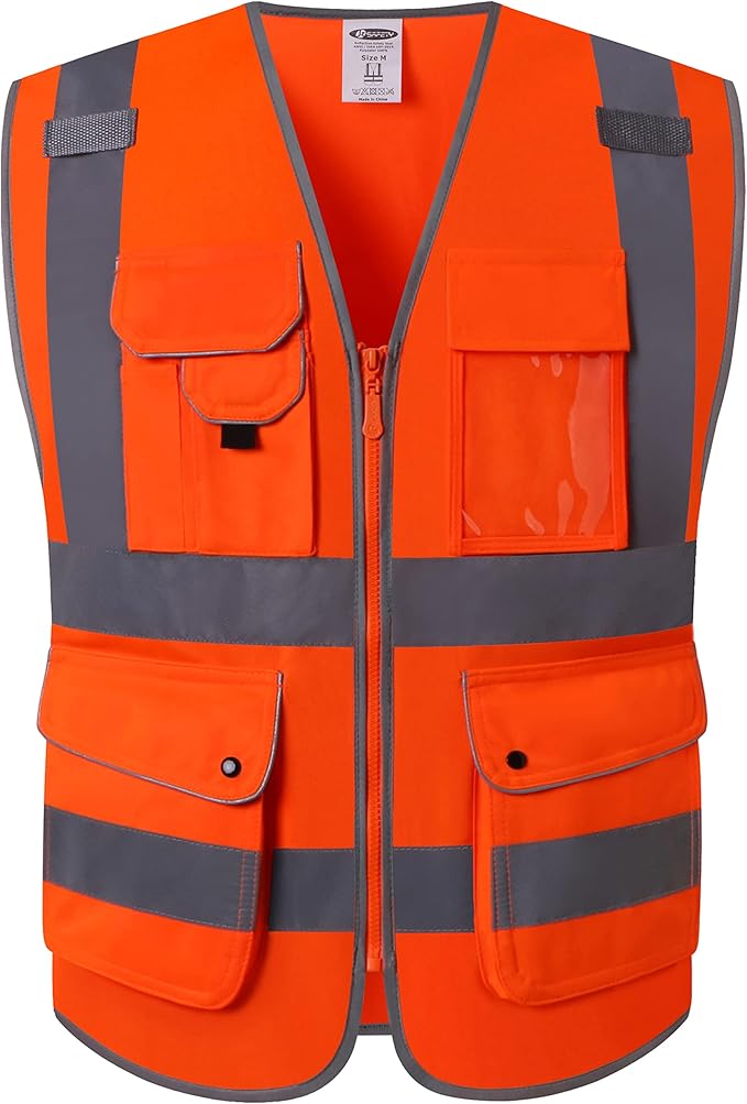 JKSafety 9 Pockets Class 2 High Visibility Zipper Front Safety Vest With Reflective Strips, Meets ANSI/ISEA Standards (150-Orange XL)