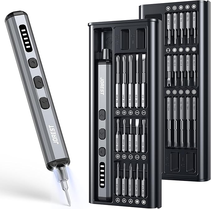 JOREST Mini Electric Screwdriver, Small Cordless Precision Screwdriver set with 38 Magnetic Bits, 5 Torque Settings, Repair Tool for iPhones, Laptop, Drone, Game Console, Camera; Gift for Father