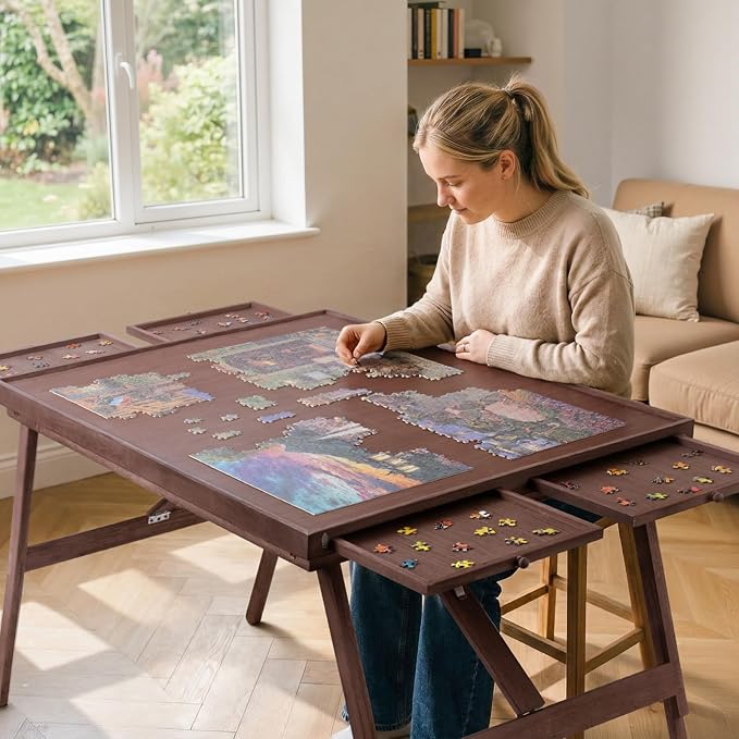 TEAKMAMA 27.6" H 1500Pcs Puzzle Table with Legs,4 Drawers for Adults,Brown | 34.3" W x 26.5" D Wood Folding Jigsaw Puzzle Board with Protective Cover