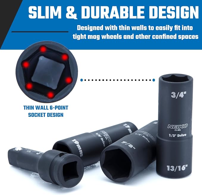 NEIKO 02281B 1/2" Drive Impact Flip Socket Set, Thin Wall Socket, 4 Piece Lug Nut Impact Socket Set, SAE and MM, 3” Extension Bar, Cr-Mo Steel, Impact Lug Nut Socket Set
