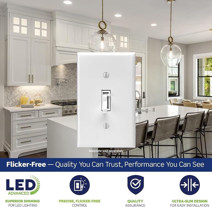 Leviton Toggle Slide LED Advanced Dimmer Switch for 150W Dimmable LED, Halogen and Incandescent Bulbs and Fixtures, TSL01-W, White