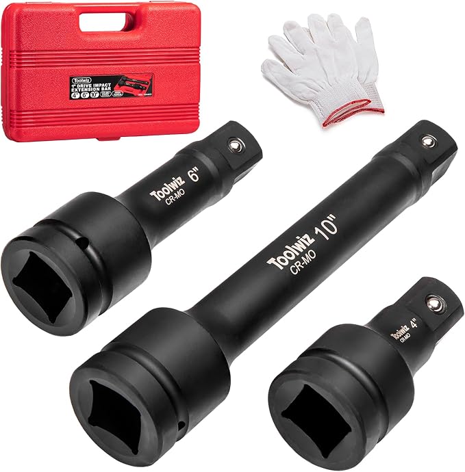Toolwiz 1" Drive Impact Extension Bar 4", 6", 10" (3 Piece) Cr-Mo Steel | 1" Socket Extension Set, Black, Locking Pin, PVC Box Organized, for Mechanical Equipment Repair, Use with Air Impact Wrenches