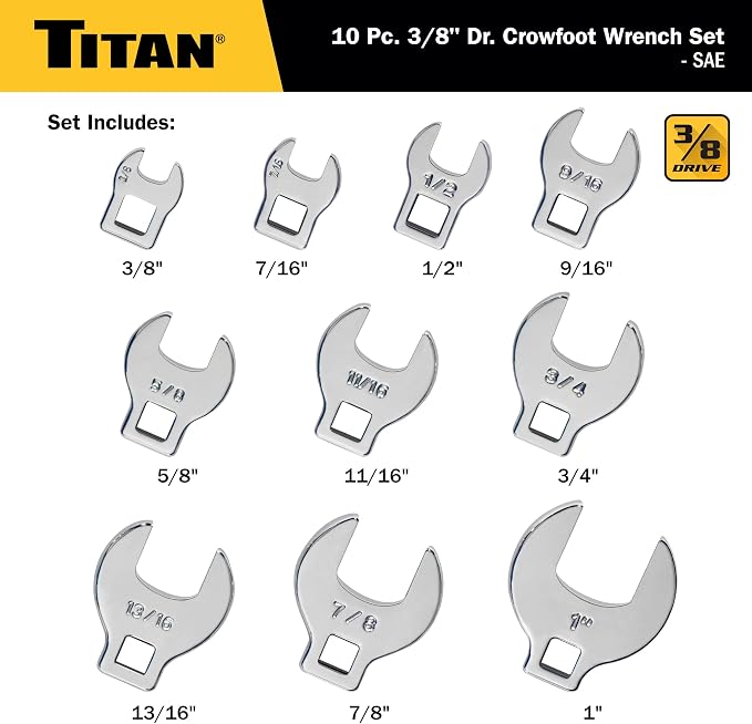 Titan 17294 10-Piece 3/8-Inch Drive SAE Crowsfoot Wrench Set