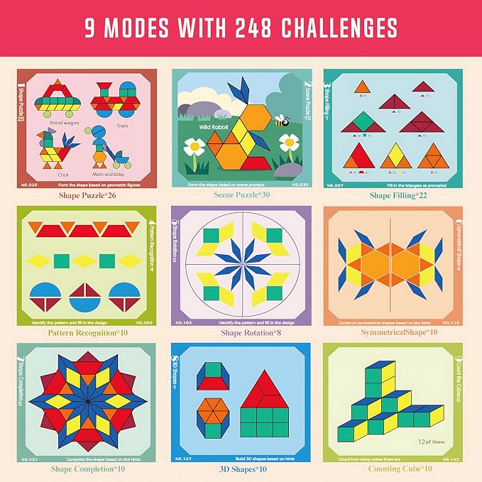 248 Pcs Wooden Magnetic Pattern Block Set with Cards, Pen & Storage Bag, Montessori STEM Tangram Puzzle Toys for Toddlers 4 5 6 7 8, Educational Brain Teaser Gift for Boys Girls
