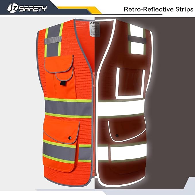 JKSafety 9 Pockets Hi-Vis Reflective Safety Vest | Mesh Fabric | Fluorescent Orange Color with Neon Yellow Extended Trims | ANSI/ISEA Compliance (100-Orange, XXL)