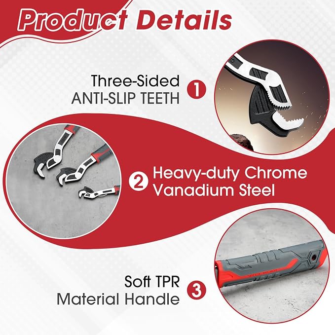 Self Adjusting Pipe Wrench, 6”8”10” Self Locking Wrench Set with Forged Double Threaded Jaws for Pipes Nuts Bolts and Plumbing Repair
