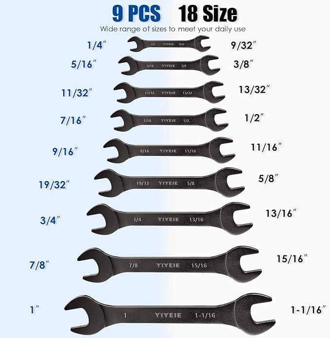 YIYEIE 9Pcs Super-Thin Wrench Set, Nickel Plating | CR-V Steel | SAE 1/4" to 1-1/16", Flat Thin Wrenches for Tight Space, 3mm Ultra-Slim, Dual Open End Wrench Set with Rolling Pouch