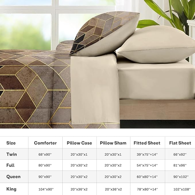 Nesker Comforter Set King Size, Black Golden Gradient Cubic 7 Pcs Bedding for Kids and Adults, Brown Modern Geometric Bed Sheet Sets with Fitted Sheet 2 Pillowcases & 2 Shams