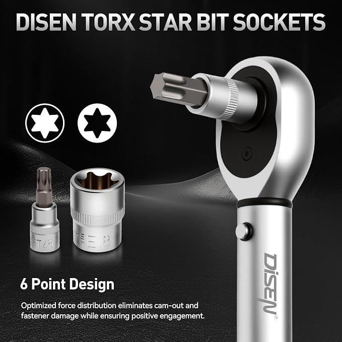 DISEN 34-Piece 3/8'' Drive Torx Star Bit sockets | CR-V E-Socket Set, E4-20, T10-60, Tamper Proof Set TT10-TT55, 5/16"F to 3/8"M adapter with Storage Case