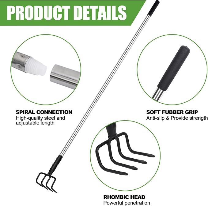 BARAYSTUS Long Hand Cultivator, Carbon Steel & Stainless Steel Tiller Cultivator, Garden Cultivator with Telescopic Handle and Soft Handle Cover, Hand Tiller for Digging Loosening Weeding