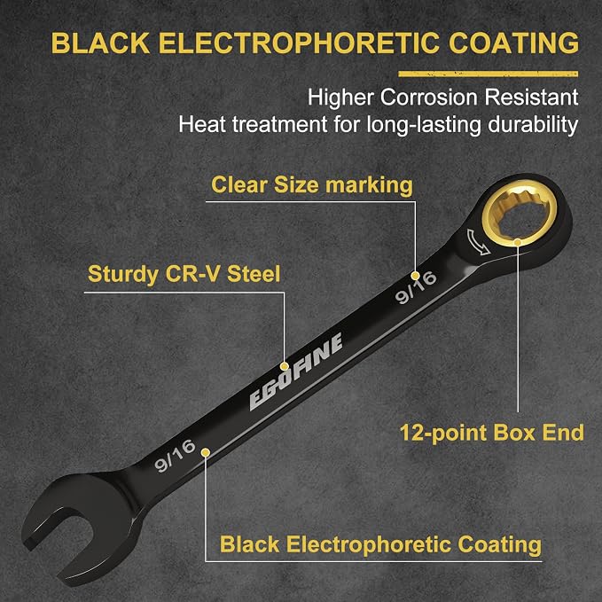 Egofine 9/16 Ratchet Wrench, 9/16 Wrench Ratcheting Combination Wrenches SAE, Industrial Grade Gear Spanner with 12 Point Box End, 72-Teeth Ratchet Black Electrophoretic Coating,CR-V