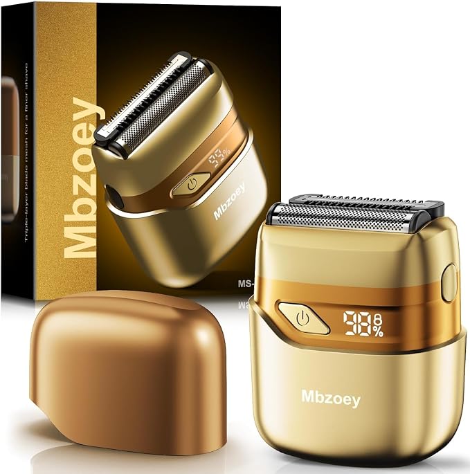 Electric Foil Shavers for Men, Mini Electric Razor, Compact Face Shaver, IPX7 Waterproof Wet Dry Cordless Razor, LED Display, USB-C, Travel-Friendly, Light Gold，Father's Day Gifts