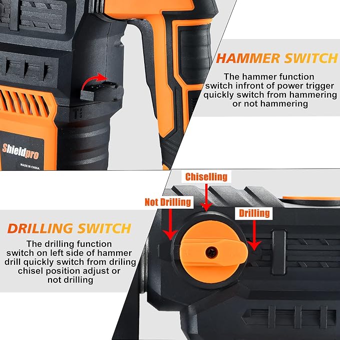 1-1/4 Inch SDS-Plus 13 Amp Rotary Hammer Drill Heavy Duty, Safety Clutch 3 Functions with Vibration Control,Including Grease, Flat Chisels, Point Chisels and 3 Drill Bits