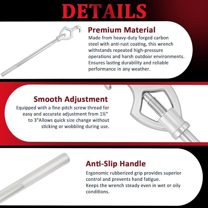 Adjustable Fire Hydrant Wrench Set, 20", 1-1/2" to 3" Jaw Range, 2 Pack | Galvanized Carbon Steel with Adjustable Jaw, Pipe Hook, Teardrop End, Textured Grip and Work Gloves for Field Maintenance